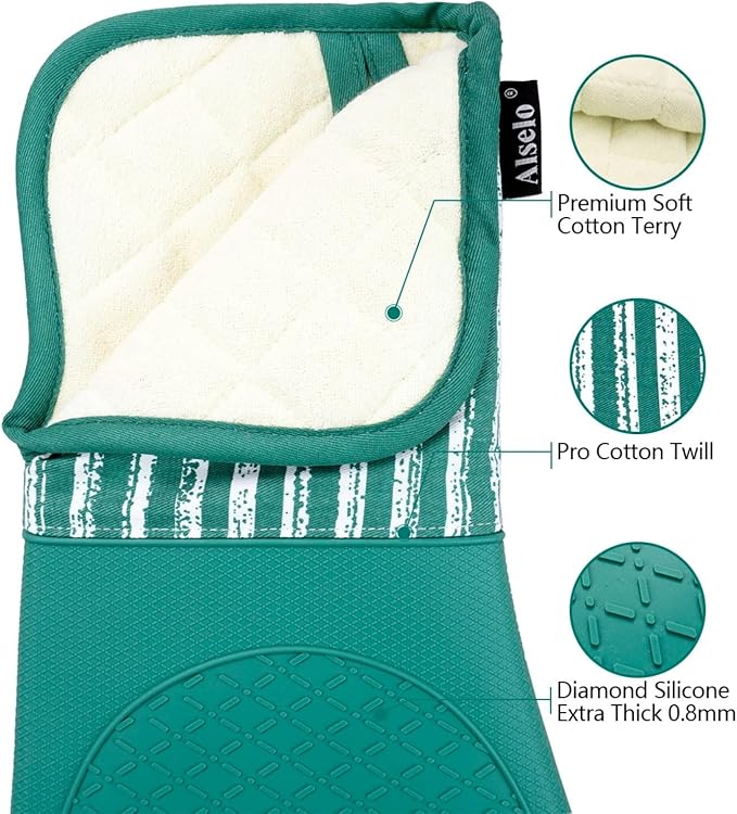 Silicone Oven Mitts Heat Resistant 932℉ with Waterproof & Non-Slip Kitchen Mittens, Set of 2 Extra Long Oven Gloves with Soft Cotton Terry Lining for Baking Cooking Barbecue (Emerald Green, 2)
