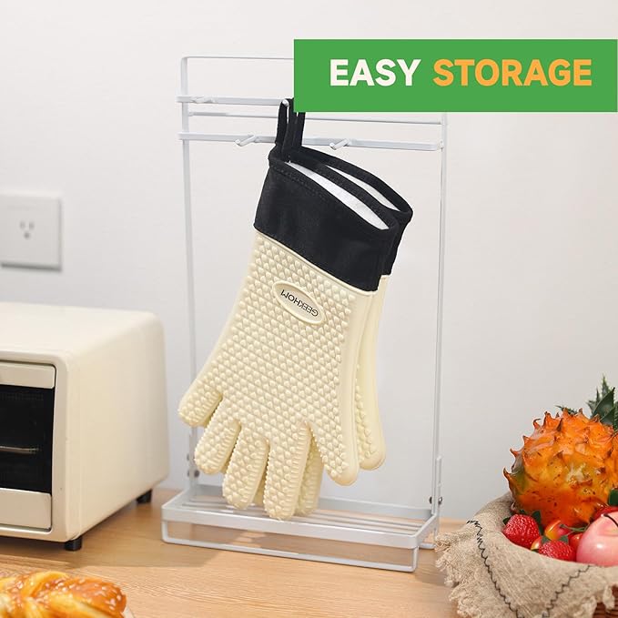 GEEKHOM BBQ Gloves Heat Resistant Oven Mitts - Silicone Grilling Gloves with 14" Long Arm Protection - Waterproof Pot Holder Non-Slip for Men & Women, Kitchen Cooking, Baking, Camping, Beige