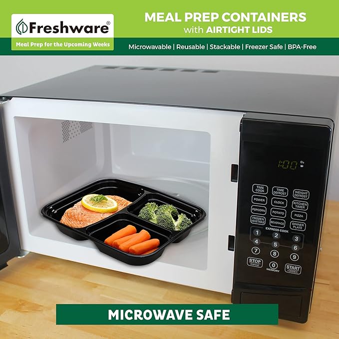Freshware Meal Prep Containers [150 Pack] 3 Compartment with Lids, Food Storage Containers, Bento Box, BPA Free, Stackable, Microwave/Dishwasher/Freezer Safe (24 oz)