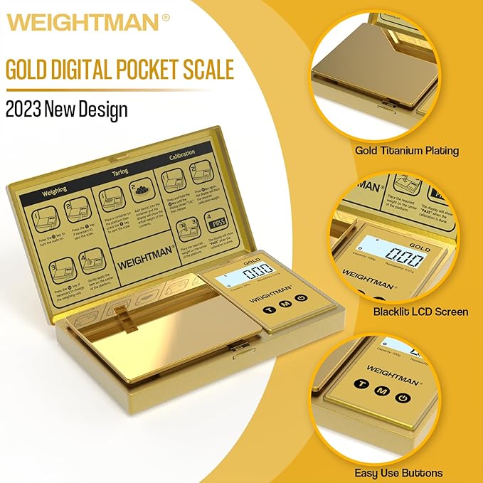 WEIGHTMAN Digital Scale Gram, 200g/0.01g Pocket Scale Gold Titanium Plating, LCD Backlit Display, Mini Jewelry Scale with 6 Units, Auto Off, Tare Function for Food, Coins, Battery Included