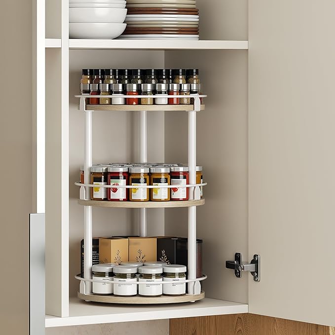 Lazy Susan Organizer, Rotating Spice Rack, 3 Tier Spice Turntable Organizer, Industrial Turntable Spice Holder, for Kitchen Countertop, Compact and Versatile, White and Light Oak SR23WG
