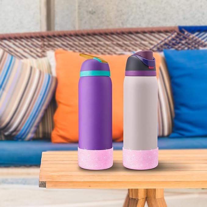 2PCS Silicone Water Bottle Boot for Owala 40oz, Protective Bottom Bumper Anti-Slip Sleeve for FreeSip, Twist, and Flip Stainless Steel Bottles, Dishwasher Safe and BPA Free(Shiny Pink)