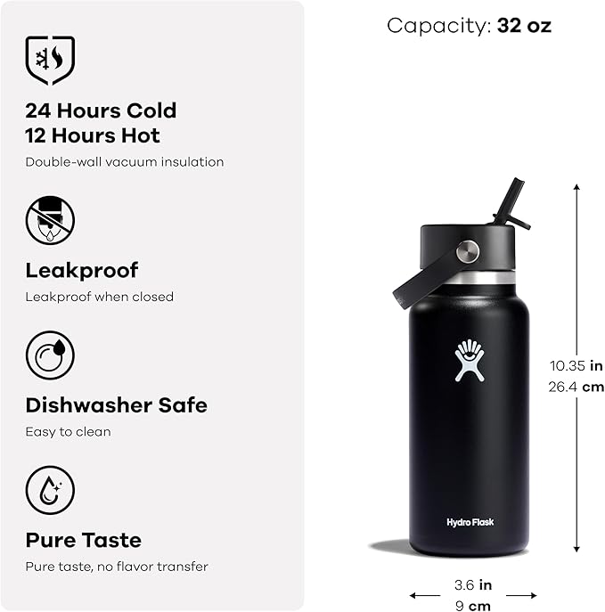 Hydro Flask Water Bottle - Insulated Stainless Steel - Wide Mouth Flex Straw Lid, Non Spill, Leakproof and Refillable in 32 Oz Western Dark Blue