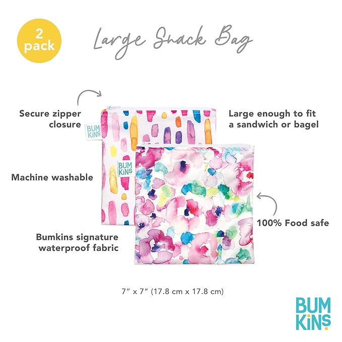 Bumkins Reusable Sandwich and Snack Bags, for Kids School Lunch and for Adults Portion, Washable Fabric, Waterproof Cloth Zip Bag, Travel Pouch, Food-Safe, Large 2-pk Watercolors and Brushstrokes