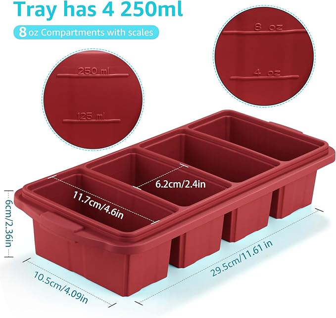 Silicone Freezer Tray With Lid - Silicone Freezer Food Molds- Large Ice Cube Tray,Silicone Freezer Container,Freeze & Store Soup, Sauce, Broth,Leftovers - Makes 4 Perfect 1 Cup