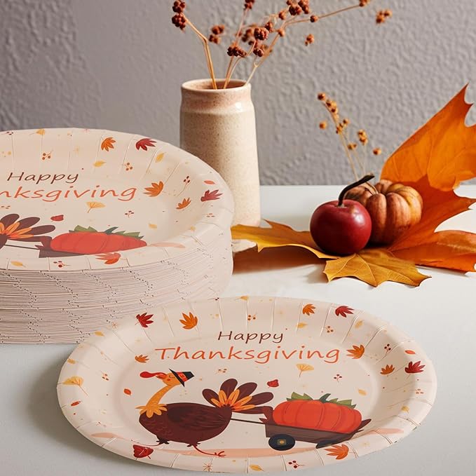 WDF 50Pack Thanksgiving Oval Plates Paper - 10" x 12" Happy Thanksgiving Plates Disposable Dinner Autumn Fall Harvest Party Supply - Turkey Thankful Pattern
