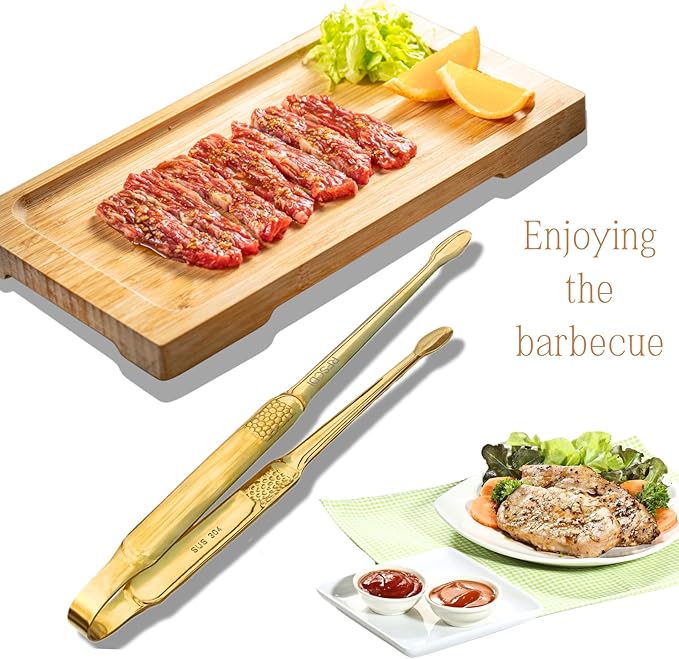 Premium Cooking Tongs - 304 Stainless Steel, Comfortable Grip, Non-Slip Design, High Heat Resistant - Ideal for Home, Kitchen, Barbecue & Frying Steak, (gold, 9 Inch)