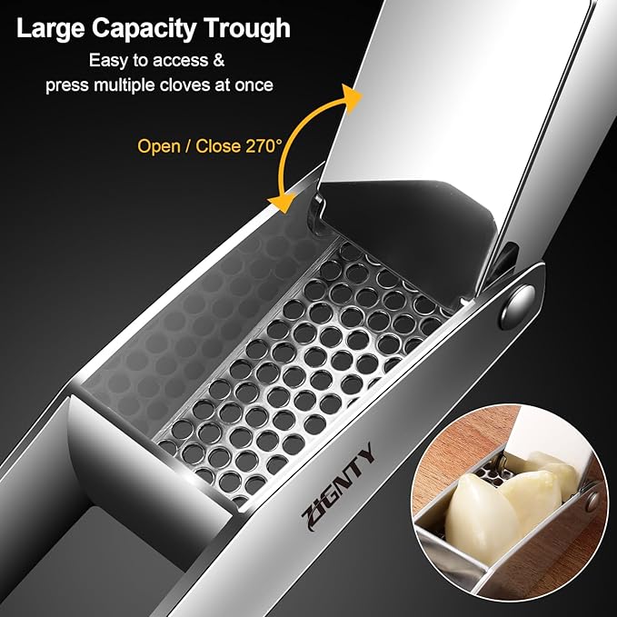 Garlic Press Stainless Steel，Premium Garlic Mincer Tool，No Need to Peel Garlic Ginger Crusher & Masher Easy Squeeze Large Trough Ergonomic Handle，Rust Proof，Dishwasher Safe (5 Years Warranty)