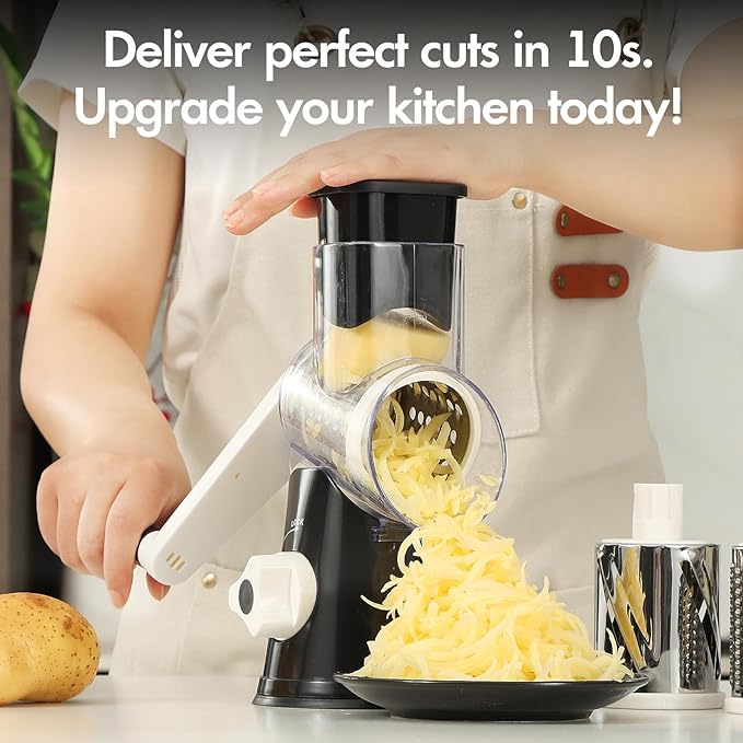 Cheese Grater Hand Crank, Rotary Vegetable Shredder with Handle and Strong Suction base, 3 in 1 Kitchen Speed Spin Veggie Slicer Nut Grinder for Pizza Top, Hash brown, Salad and More (Black)
