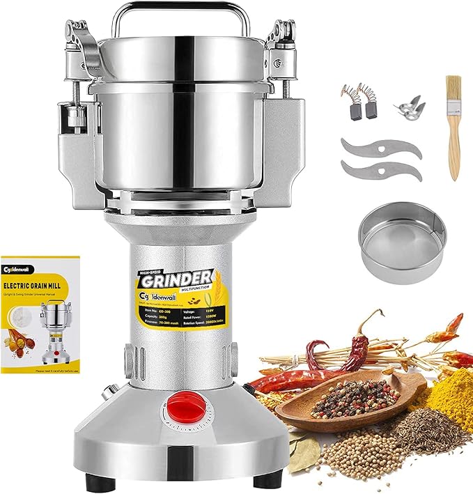 CGOLDENWALL Safety Upgraded Electric Grain Grinder Mill High-speed Dry Spice Herb Mill Grinding Machine with 1500W Commercial Motor Overload Protection CE 110V (300g Hand-held Type)