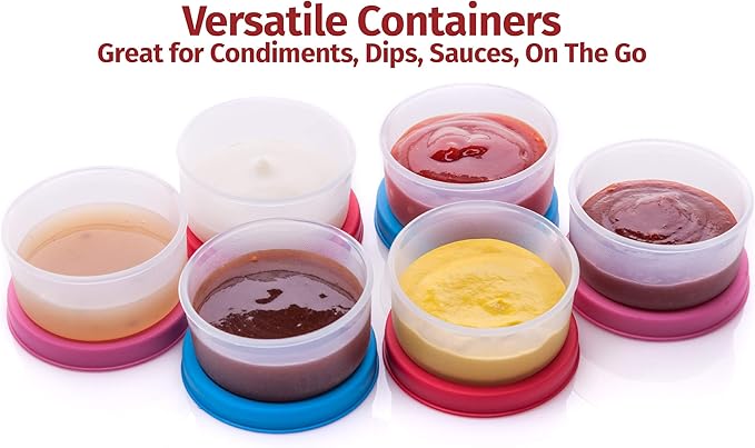 SIGNORA WARE Condiment Containers with Lids- 6 pk. 1.3 oz.Salad Dressing to go Small Food Storage Containers- Sauce Cups Leak proof Reusable Plastic BPA free for Lunch Box Picnic Travel