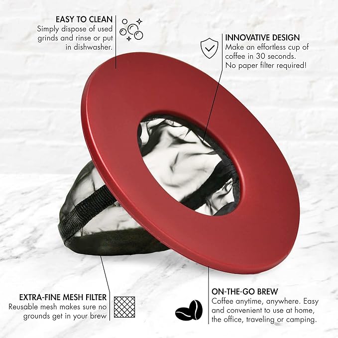 Primula Brew Buddy Portable Pour Over, Reusable Fine Mesh Filter, Dishwasher Safe, Single Serve Coffee or Tea at Any Strength, Ideal for Travel or Camping, Red, 2-Pack