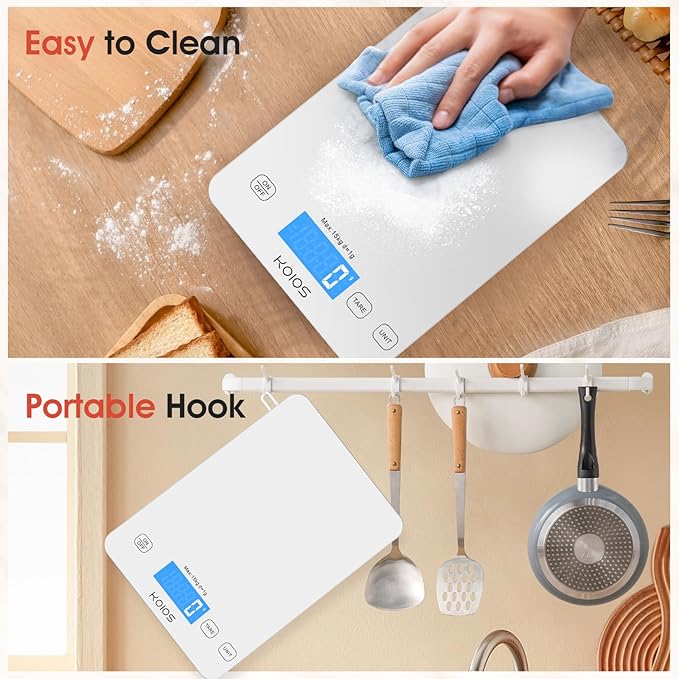 KOIOS Kitchen Scale, 33lb/15kg Digital Food Scales Weight in Grams and Ounces for Cooking Baking, 1g/0.1oz Precise Graduation, Batteries and Type-C Charging, Tare Function, LCD Display, White