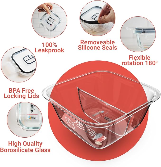 Portion Control Containers for Bariatric Meals – 8 oz Glass Meal Prep Containers with Two 4 oz Compartments and Lids (3 Pack), Reusable Bento Lunch Boxes