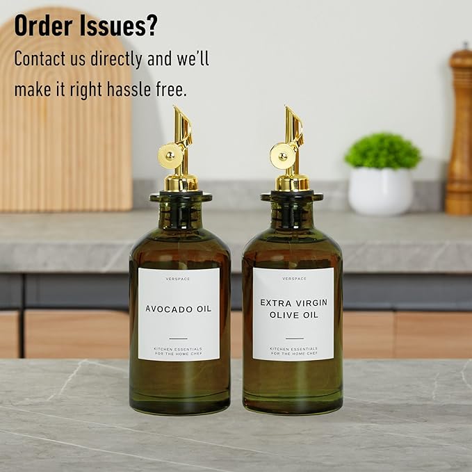 Green Glass Olive Oil Dispenser Bottle For Kitchen, Avocado Oil Dispenser Set, Modern Decor, Gold Kitchen Accessories for Home, Airbnb, Cafe (Gold, Set of 2)