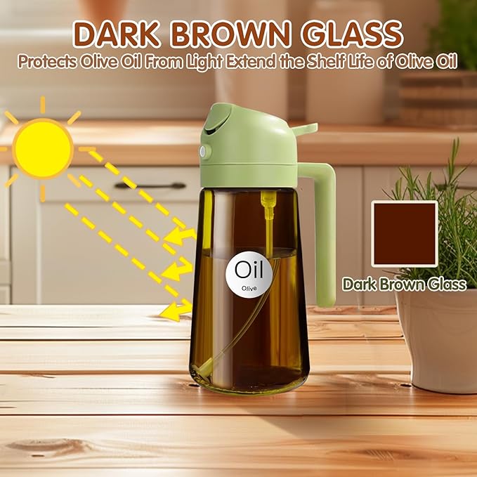 YARRAMATE 16oz/470ml Light Blocking Oil Sprayer for Cooking with Stickers, Food-Grade 2 in 1 Olive Oil Dispenser Bottle for Kitchen, Premium Dark Amber Glass Oil Bottle for Air Fryer, BBQ(Green)