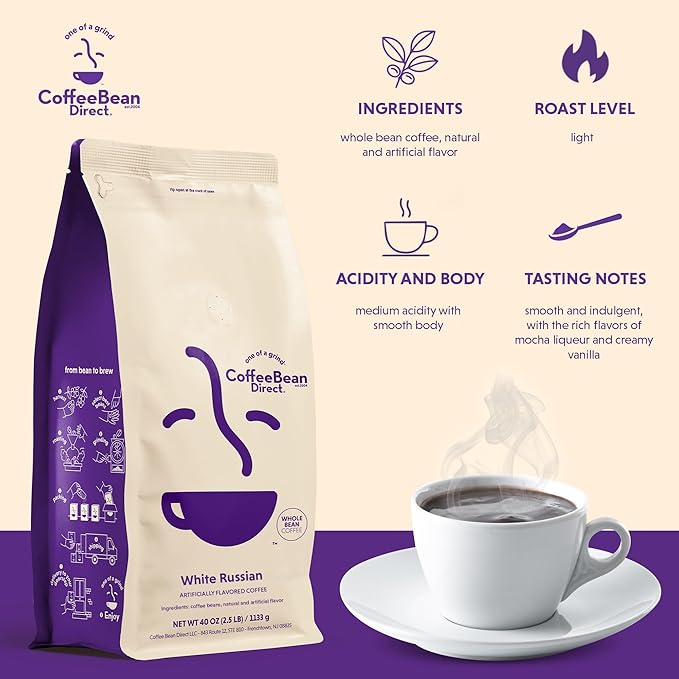Coffee Bean Direct White Russian Flavored, Whole Bean Coffee, 2.5 Pound Bag (Pack of 1)