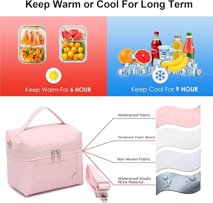 NOL Natural Organic Lifestyle Insulated Lunch Bags for Women Cooler Bag Lightweight Nylon Waterproof Lunch Box For Work (Medium, Pink)