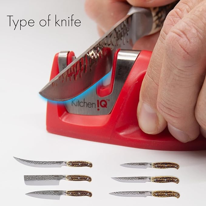 KitchenIQ 50883 - Edge Grip 2-Stage Knife Sharpener - Red - Coarse & Fine Sharpeners - Compact - Stable Non-Slip Base - Soft Grip Rubber Handle - Straight & Serrated Knives