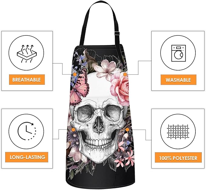 Britimes Apron Home Kitchen Cooking Baking Gardening for Women Men with Pockets Skull Flowers Vintage Rose Floral 32x28 inch