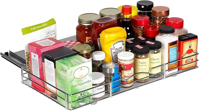 Pull Out Cabinet Organizer for Spices, Cans - Heavy Duty with Lifetime Limited Warranty- Pull Out Spice Rack- Cabinet Pull Out Shelf for Cans,Dishes, Etc, 20-3/8"Wx 10-1/2"D x 2-3/4” H, Chrome