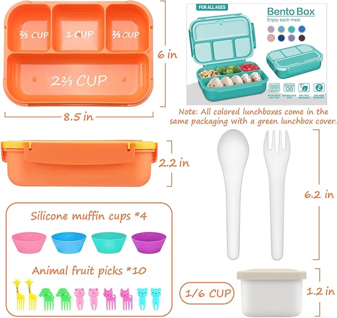QQKO Bento Box for Kids Adults, School Toddler Lunch Box for Boys Girls, Lunch Box Containers with 4 Compartments, Sauce Container, Utensils, Food Picks and Muffin Cups for School, Orange Yellow