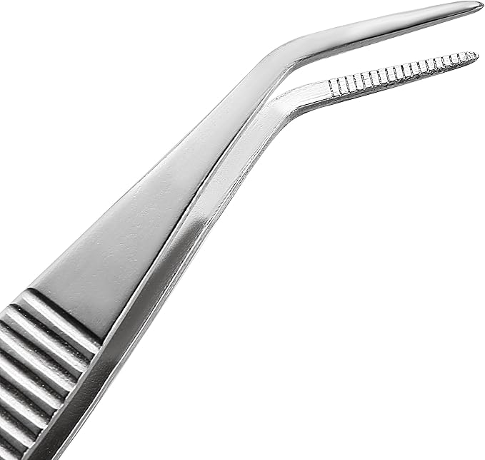 uxcell 5-Inch Stainless Steel Tweezers with Curved Pointed Serrated Tip