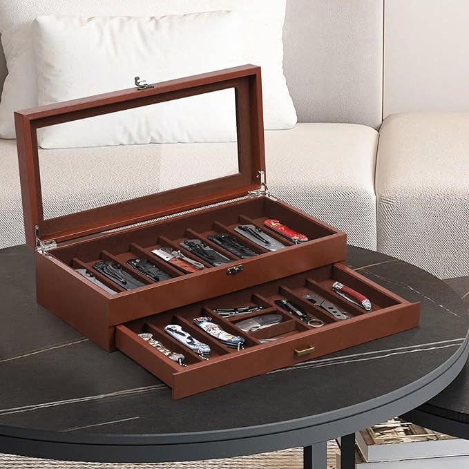AUTOARK 2-Tier PU Leather & Velvet Knife Organizer with 17 Slots,Transparent Glass Top & Drawer,Compact Storage for Pocket Knives,Perfect for Men's Collections & Gifts,Coffee,MKAW012