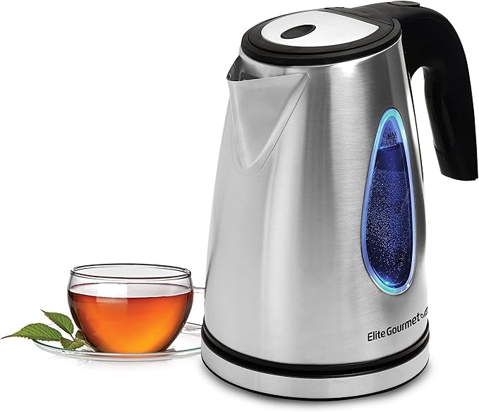 Elite Gourmet EKT-1271 Ultimate 1.7 Liter Electric Kettle – Stainless Steel Design & Cordless 360° Base, Stylish Blue LED Interior, Handy Auto Shut-Off Function – Quickly Boil Water For Tea & More