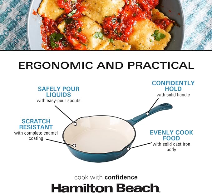 Hamilton Beach Enameled Cast Iron Fry Pan 8-Inch Navy, Cream Enamel Coating, Skillet Pan for Stove Top and Oven