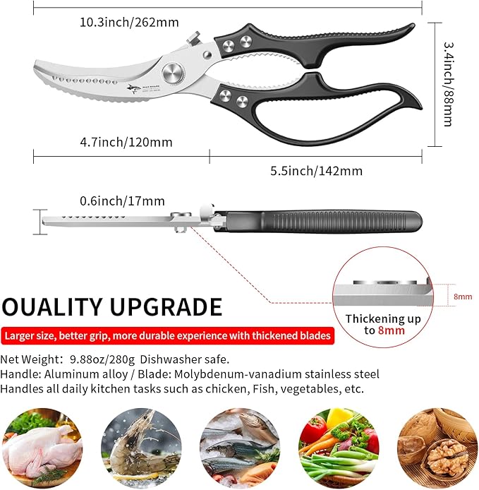 MAD SHARK Professional Heavy Duty Poultry Shears - Kitchen Shears for Spatchcocking Chicken and Meat Cutting, Multi-Purpose Kitchen Scissors for Food, Spring-loaded (Black)