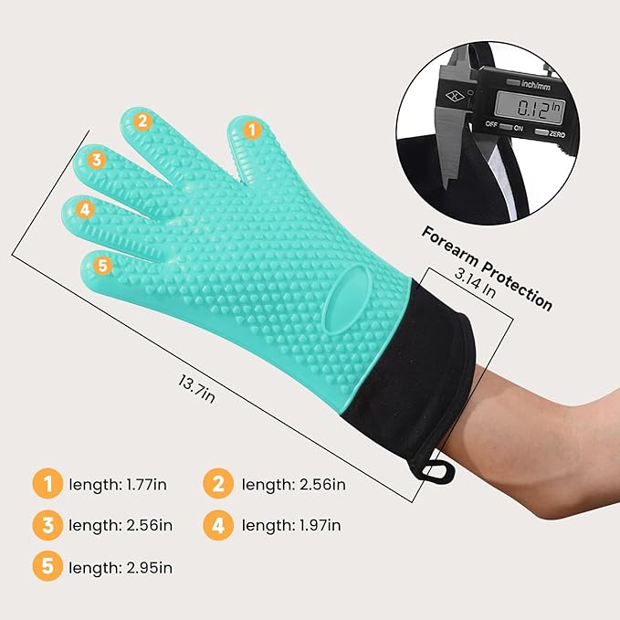 GEEKHOM BBQ Gloves Heat Resistant Oven Mitts - Silicone Grilling Gloves with 13.7" Arm Protection - Waterproof Pot Holder Non-Slip for Men & Women, Kitchen Outdoor Cooking, Baking, Camping, Turquoise