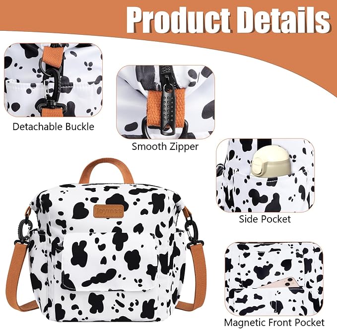 Joymee Lunch Bag Women Insulated Lunch Box Reusable Leakproof Large Spacious Cooler Tote for Women Men Adult with Bottle Holder and Side Pockets for Work Office Travel Picnic -08 Cow