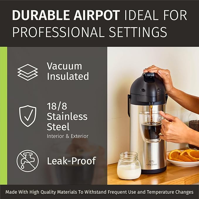Cresimo Coffee Carafe with Pump - 102oz / 3L Airpot 12 Hours Large Hot Water Carafe, Cocoa Dispenser for Parties - Tea Flask, Insulated Stainless Steel Airpots for Hot Beverage Dispenser -Coffee Pump