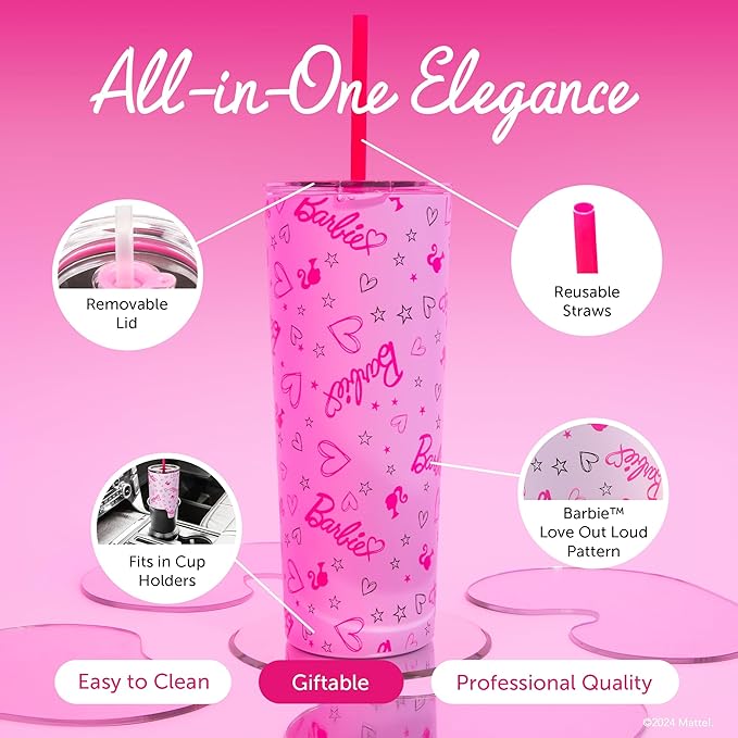 Dragon Glassware x Barbie Vacuum Insulated Tumbler with Lid and Straw - 24 oz Tumbler Cup with 2 Straws - Stainless Steel Tumbler with Straw for Water, Iced Tea - Travel Coffee Tumbler - Love Out Loud