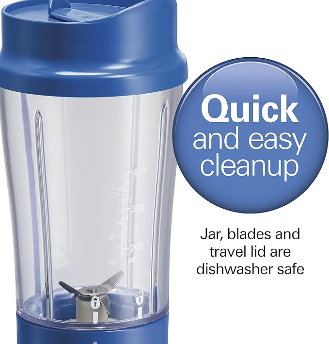 Hamilton Beach Portable Blender for Shakes and Smoothies, 14 Oz BPA Free Travel Cup & Lid, Durable Stainless Steel Blades, Personal Smoothie Blender, Blue, 51132G