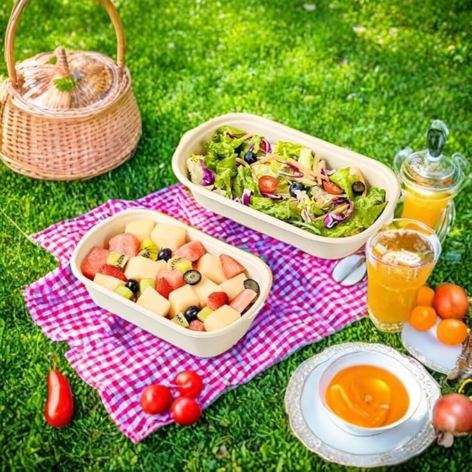 Aksipo 50 Pack 23 Oz Disposable Meal Prep Containers with Lids, Rectangle Paper Bowls with Lids for Salad,Leftovers, Leak-proof To Go Food Box Cardboard Lunch Box Compostable Take Out Food Containers