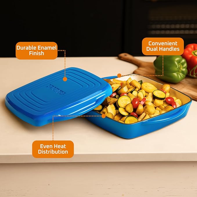Bruntmor 11" Enameled Cast Iron Cookware - 2-in-1 Square Cast Iron Baking Dish with Lid for Baking, Braising and Roasting - Durable and Nonstick Skillet Dutch Oven with Dual Handles - Caribbean Blue