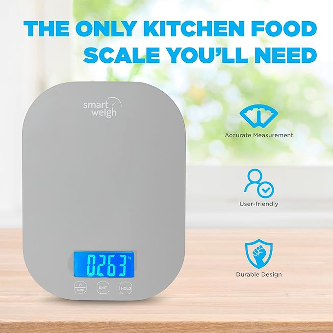 Smart Weigh Gray Digital Kitchen Scale for Cooking, Weight Loss, Calorie Tracking, Baking, Food Portion Control, and Meal Prep - Accurate Measurements in Grams and Ounces
