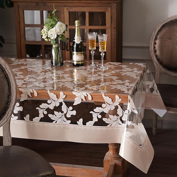 Waterproof Clear Table Cover Protector Vinyl Rectangle Table Cloth Oil Spill Proof Wipe Clean Plastic Tablecloths for Dining Tables (Scroll Grass, 60 x 104 Inches)