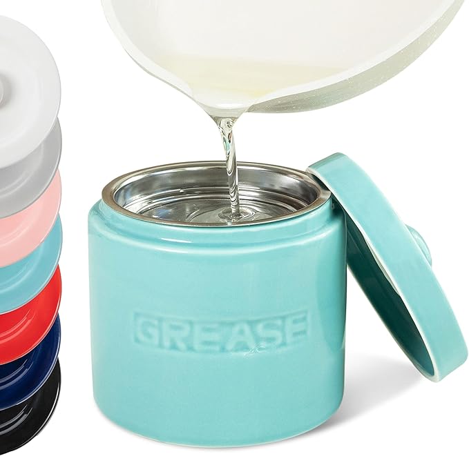 Bacon Grease Saver with Strainer - Ceramic Grease Container 1L Storage Canister | Holds Bacon Fat Drippings | Oil Keeper for Kitchen Counter Storage