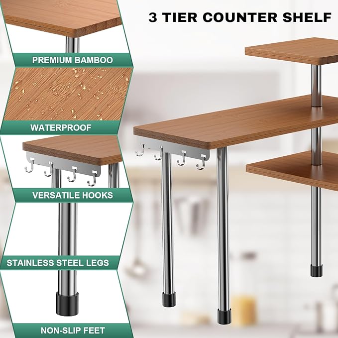ZHWS Bathroom Counter Organizer Corner Countertop Shelf Adjustable 3 Tier Corner Shelf Kitchen Counter Organizer with 4 Metal Hooks for Bathroom Counter, Makeups, Dresser Table, Over Sink