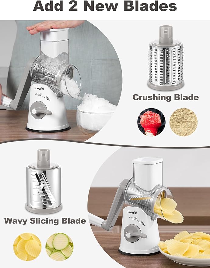 Geedel Rotary Cheese Grater Cheese Shredder with 5 Interchangeable Blades - Upgraded Rotary Grater Featuring Strong Suction Base for Cheese Shredding, Wavy Slicing, Nut Grinding, and Ice Shaving