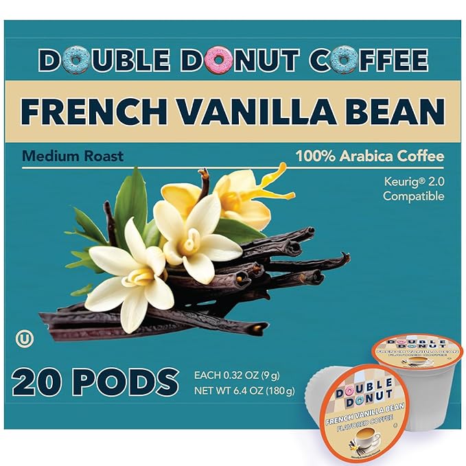 Double Donut Coffee French Vanilla Flavored Coffee Pods, Medium Roast Coffee, Compatible with Keurig K Cups Brewers, 20 Count