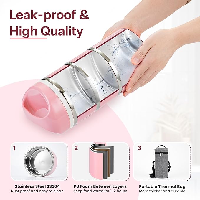 Lille Home Stackable Stainless Steel Lunch Containers, 43OZ Capacity 3 Layers Leakproof Bento Box for Adult, Portable Lunch Box for Women, Man, Travel, Office with Lunch Bag(Pink.Pro)