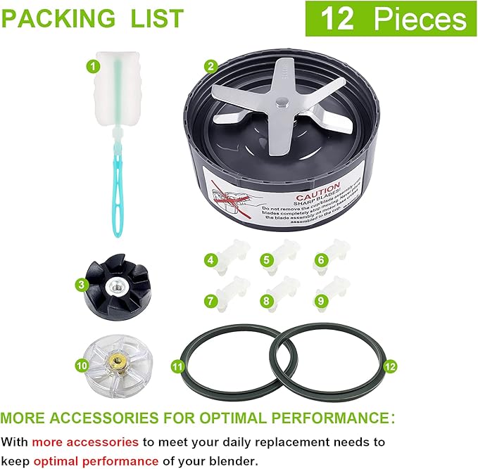 12 Pieces Blade Replacement Parts for NutriBullet Blender Extractor Cross Blade, Gear Rubber Gasket and Shock Pad Compatible with NutriBullet 600W & Pro 900W series