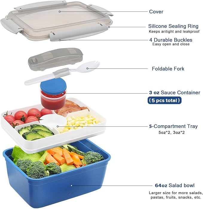 shopwithgreen LARGER Salad Containers To Go for Lunch (3 Pack), Bento Box with Dressing Pots & 5-Compartment Removable Tray, Microwave and Dishwasher Safe, BPA-free, 64 oz