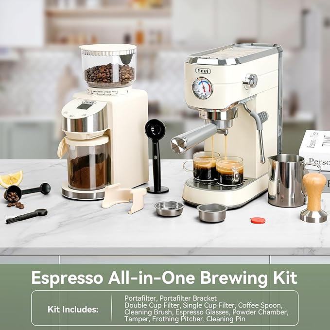 Gevi 20 Bar Espresso Coffee Machine with Burr Grinder Set | 35 Precise Grind Settings | Milk Frother for Latte Cappuccino | Professional Home Barista Kit | Gift for Coffee Lovers