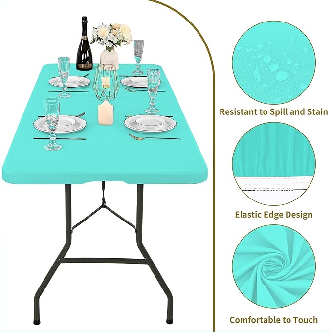 10 Pack Fitted Tablecloth for 6 Foot Rectangle Tables, Aqua Blue Elastic Outdoor Picnic Table Cover, Washable Stretch Folding Table Cloths 6 ft for Camping Party Patio Kitchen Banquet, 30" W x 72" L