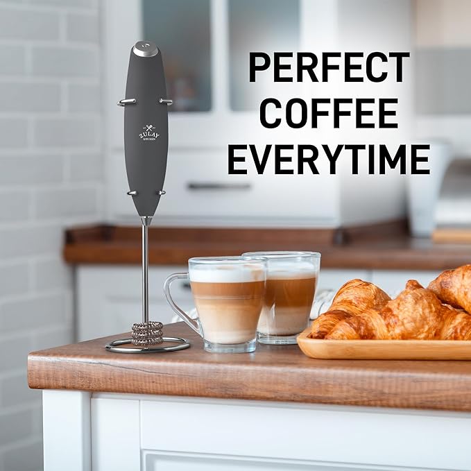 Zulay Kitchen Tornado Whisk Milk Frother with 4 AA Duracell Batteries - Triple Whisk for More Power - Handheld Coffee Frother with Stand - Drink Mixer for Lattes, Matcha & Protein Shakes